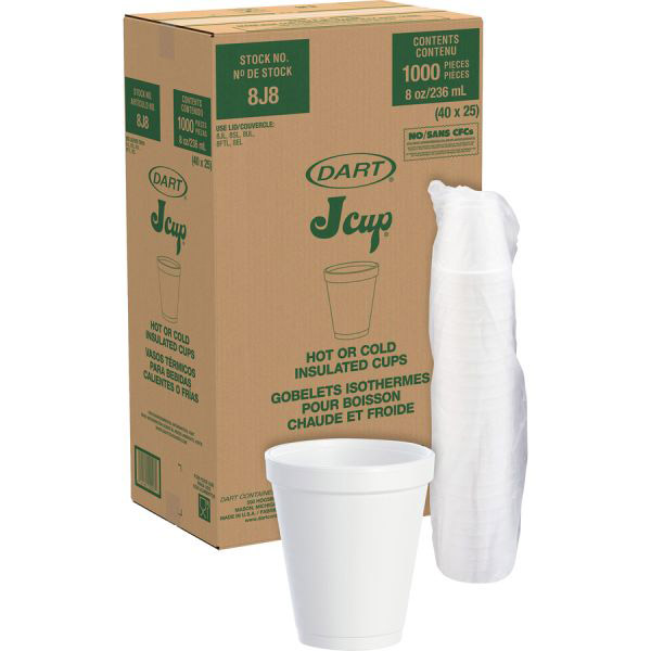 Dart Insulated 8 oz Foam Cups, White, 1,000 Cups/Carton